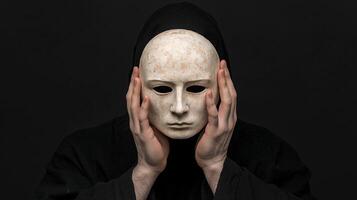 Mysterious figure in dark attire holding an aged, expressionless mask against a black background. Concept of anonymity and duality, hidden identity, secrecy and psychological depth photo
