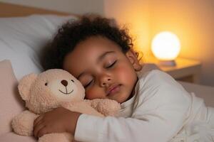 African child sleeping peacefully, hugging a teddy bear in a cozy bed with warm lighting. A concept of childhood comfort, security, peaceful sleep, and bedtime routine photo