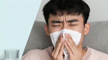 Close-up of a young Asian man sneezing into a tissue while sitting on a couch. A concept of seasonal allergies, flu, cold, and respiratory illness. photo