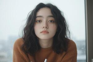 Thoughtful young Asian woman sits by a rain-covered window, gazing outside with a serene expression. A concept of introspection, solitude, and rainy-day contemplation. photo
