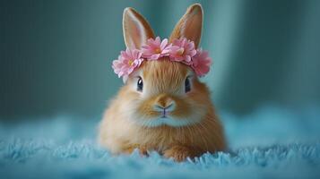 Charming fluffy bunny with delicate pink flower crown, lying on a soft blue surface. A concept of Easter and spring, and adorable pets. photo