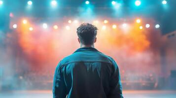 Young caucasian man standing on stage, facing bright colorful lights and theatrical smoke, creating a dramatic and atmospheric scene. A concept of performance, ambition, and self expression photo