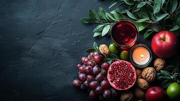 Flat lay of red wine, pomegranate, grapes, apples, walnuts, and green olives on a dark textured background with copy space. Concept of celebration, festive dining, and seasonal elegance. photo