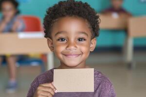 Smiling african child holding card in classroom setting photo