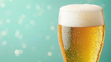 Close-up of cold refreshing beer glass with frothy head against soft green bokeh background with copy space. photo