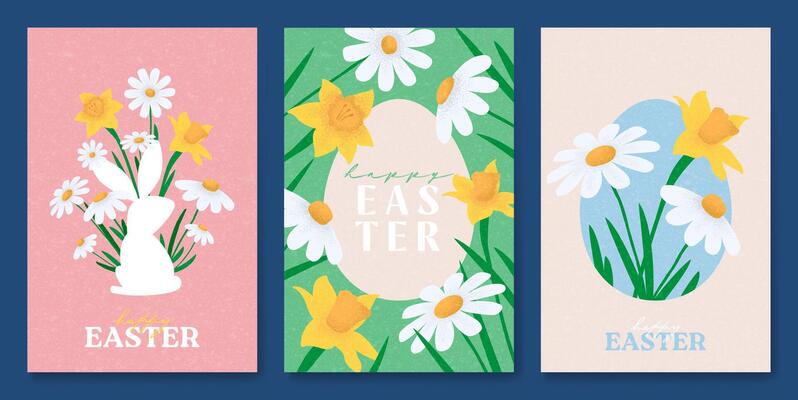Set of holiday Easter cards. A contemporary Easter illustration with bunnies, grass, eggs, and spring flowers. Ideal for branding, covers, sales, celebrations, ads, cards, and party invitations