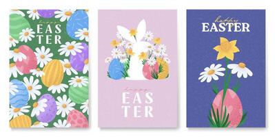 Easter banners set with flowers and eggs vector