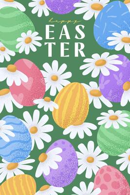 Happy Easter banner template. Celebrate with a creative Easter design filled with flower chamomile and eggs. Ideal for invitations, ads, branding, cards, covers, and holiday promotions