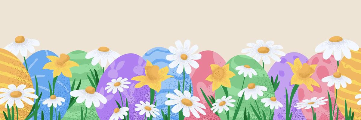 easter seamless pattern. Horizontal hand drawn Easter seamless pattern with eggs and flowers beautiful background. Suitable for Easter cards, banner, textiles, wallpapers. illustration