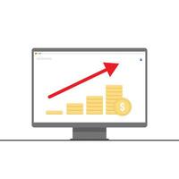 Financial Growth Concept with Increasing Coin Stacks and Upward Arrow on Computer Screen vector