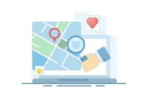 Map application concept, View map on laptop, Map software for exact location, Search engine map, Search location on map. GPS navigation, route movement and location search. Cartoon design illustration vector