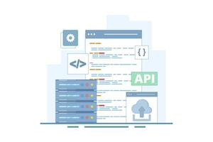 Application Programming Interface Concept, API provides an interface for communication between applications, software development tools, the Internet, and networks. flat design illustration. vector