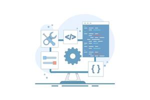 Software development concept. Coding and configuration of gears on a computer screen showing the settings of a screwdriver key code. Flat design illustration Isolated background with flat line style. vector