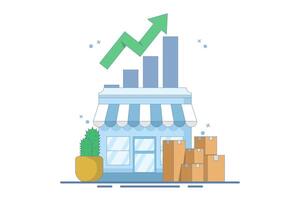 small and medium business development concept. improve and develop local business to keep growing. develop and perform. shop with up arrow. simple flat design illustration with icon. vector
