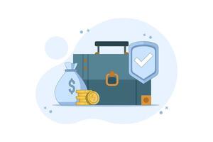Safe Business Investment Concept. Briefcase with Shield and Coins. Income protection with shield. safe financial transactions. Simple flat design Illustration design on background. vector