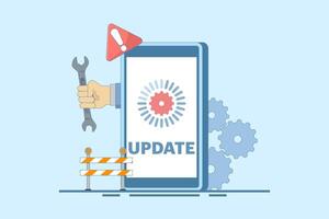 System Maintenance Concept, Smartphone Software Update Screen, Update Process, Software Installation, Operating System, Operating System Support. Simple Flat Cartoon Design Illustration. vector