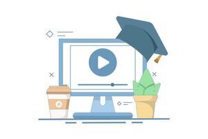 Online education concept, PC computer with cactus and coffee, digital marketing. Gaining knowledge to achieve success and better ideas. Flat design illustration on isolated background. vector