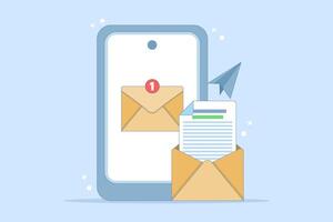 email service email reply concept. New message notification on smartphone screen. email to receive and send. mailbox message management. flat minimalist design illustration. vector