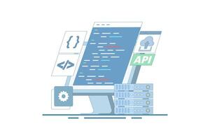 Application Programming Interface Concept, API provides an interface for communication between applications, software development tools, the Internet, and networks. flat illustration. vector