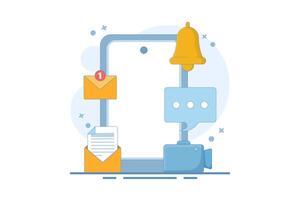 smartphone notification concept with notification message, email bell, chat, call, utility mobile app, reminder app, get notification on smartphone, flat cartoon design illustration. vector