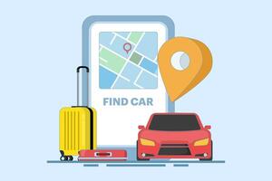 Car sharing service app concept. Book online taxi, rent and share your location with mobile app. Online taxi or rent transportation using smart phone service app. Flat illustration on background. vector