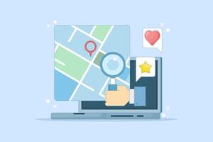 Map application concept, View map on laptop, Map software for exact location, Search engine map, Search location on map. GPS navigation, route movement and location search. Flat illustration. vector