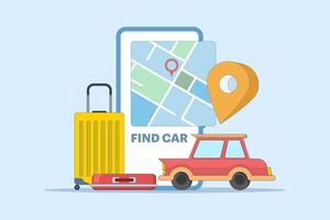 Car sharing service app concept. Book online taxi, rent and share your location with mobile app. Online taxi or rent transportation using smart phone service app. Flat cartoon illustration. vector