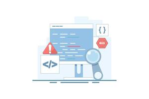 Bug report concept. Magnifying glass for bugs dancing in computer software program. Bug report magnifying bug Bug Tracker Tool Computer Virus Protection on Website. Flat illustration. vector