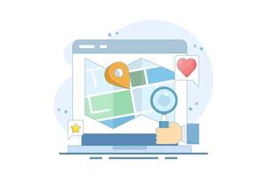 Map app concept, View map on laptop, Map software for exact location, Search engine map, Search location on map. GPS navigation, route movement and location search. Flat design illustration. vector