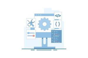 Software development concept. Coding and configuration of gears on a computer screen showing the settings of a screwdriver key code. Cartoon illustration Isolated background with flat line style. vector