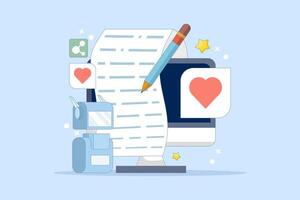 AI content writing concept, Artificial intelligence text generation, , AI content writing for blogs and websites. Content writing for websites. Cartoon illustration in the background. vector