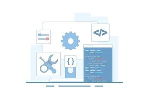 Software development concept. Coding and configuration of gears on a computer screen showing the settings of a screwdriver key code. Flat cartoon illustration Isolated background with flat line style. vector