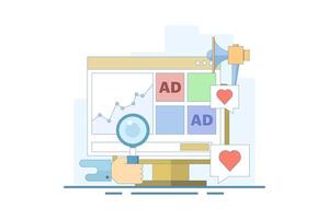 Website advertising campaign analysis concept, Website advertising network, Banner advertising on display networks, Social media promotion, Digital display advertising campaign, illustration. vector