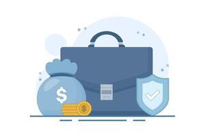 Safe Business Investment Concept. Briefcase with Shield and Coins. Income protection with shield. safe financial transactions. Flat design Illustration design on background. vector