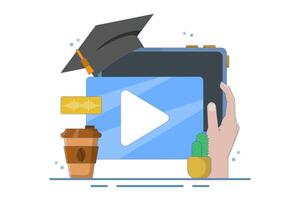 Online education concept, PC computer with cactus and coffee, digital marketing. Gaining knowledge to achieve success and better ideas. Flat cartoon design illustration on isolated background. vector