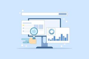 search engine data analysis concept, SEO tools, SEO software, digital marketing analysis report. Data analysis and optimization for SEO, marketing research. flat illustration on background. vector