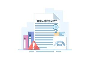 Risk Assessment Concept. Document with Magnifying Glass and Warning Sign. Analyze the level of potential danger, control or limit the loss. Flat cartoon design illustration in the background. vector