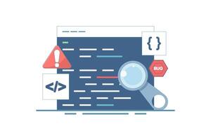 Bug report concept. Magnifying glass for bugs dancing in computer software program. Bug report magnifying bugs Computer Virus Protection Bug Tracker Tool on Website. Flat cartoon illustration. vector