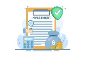 Safe Investment Concept. Clipboard with Calculator and Shield. Financial Stability. Investment Planning and Calculation. Protection of Financial Savings in Economic Crisis. Illustration on background. vector
