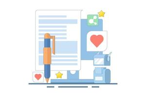 AI content writing concept, Artificial intelligence text generation, , AI content writing for blogs and websites. Content writing for websites. cartoon design in the background. vector