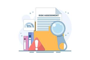 Risk Assessment Concept. Document with Magnifying Glass and Warning Sign. Analyze the level of potential danger, control or limit the loss. Simple cartoon illustration Flat on the background. vector