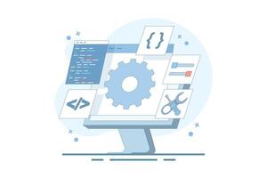 Software development concept. Coding and configuration of gears on a computer screen showing the settings of a screwdriver key code. Cartoon illustration Isolated background with flat style. vector