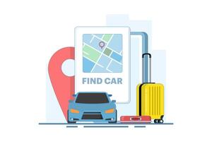 Car sharing service app concept. Book online taxi, rent and share your location with mobile app. Online taxi or rent transportation using smart phone service app. Flat cartoon design illustration. vector