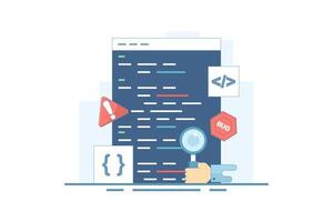Bug report concept. Magnifying glass for bugs dancing in computer software programs. Bug report magnifying bugs Computer Virus Protection Bug Tracker Tool on Website. Illustration on background. vector