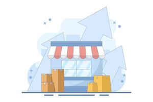small and medium business development concept. improve and develop local businesses to continue to grow. develop and perform. shop with up arrow. flat design illustration with icon. vector