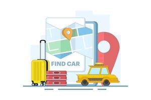 Car sharing service app concept. Book online taxi, rent and share your location with mobile app. Online taxi or rent transportation using smart phone service app. Flat design illustration. vector