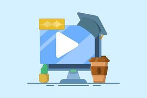 Online education concept, PC computer with cactus and coffee, digital marketing. Gaining knowledge to achieve success and better ideas. Simple flat design illustration on isolated background. vector