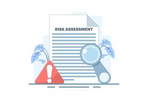 Risk Assessment Concept. Document with Magnifying Glass and Warning Sign. Analyze the level of potential danger, control or limit the loss. Simple cartoon design illustration Flat on background. vector