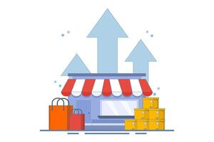 small and medium business development concept. improve and develop local businesses to continue to grow. develop and perform. shop with up arrow. simple flat design illustration. vector