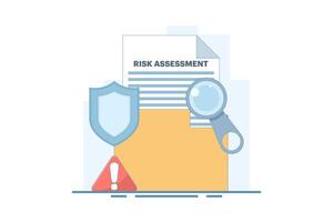 Risk Assessment Concept. Document with Magnifying Glass and Warning Sign. Analyze the level of potential danger, control or limit the loss. Flat Illustration Design on background. vector
